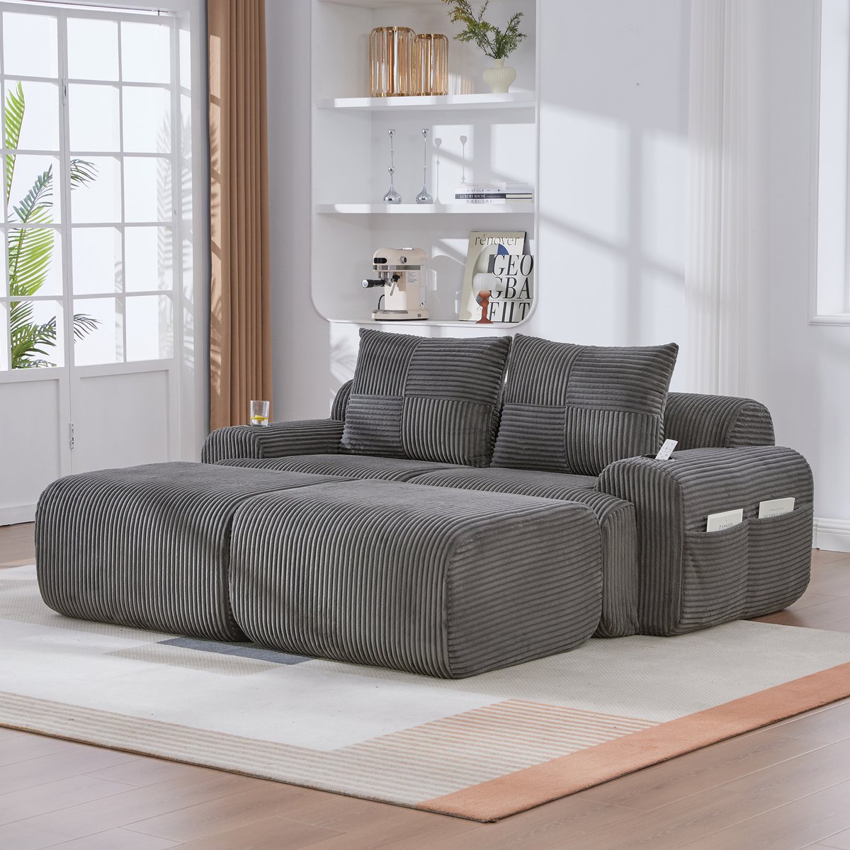 DESMIU Bank - Modulaire 2-Zits Bank Set Met 2 Hockers, Cupholder En Opbergtas - Voor Woonkamer En Familiekamer - Corduroy - Donkergrijs