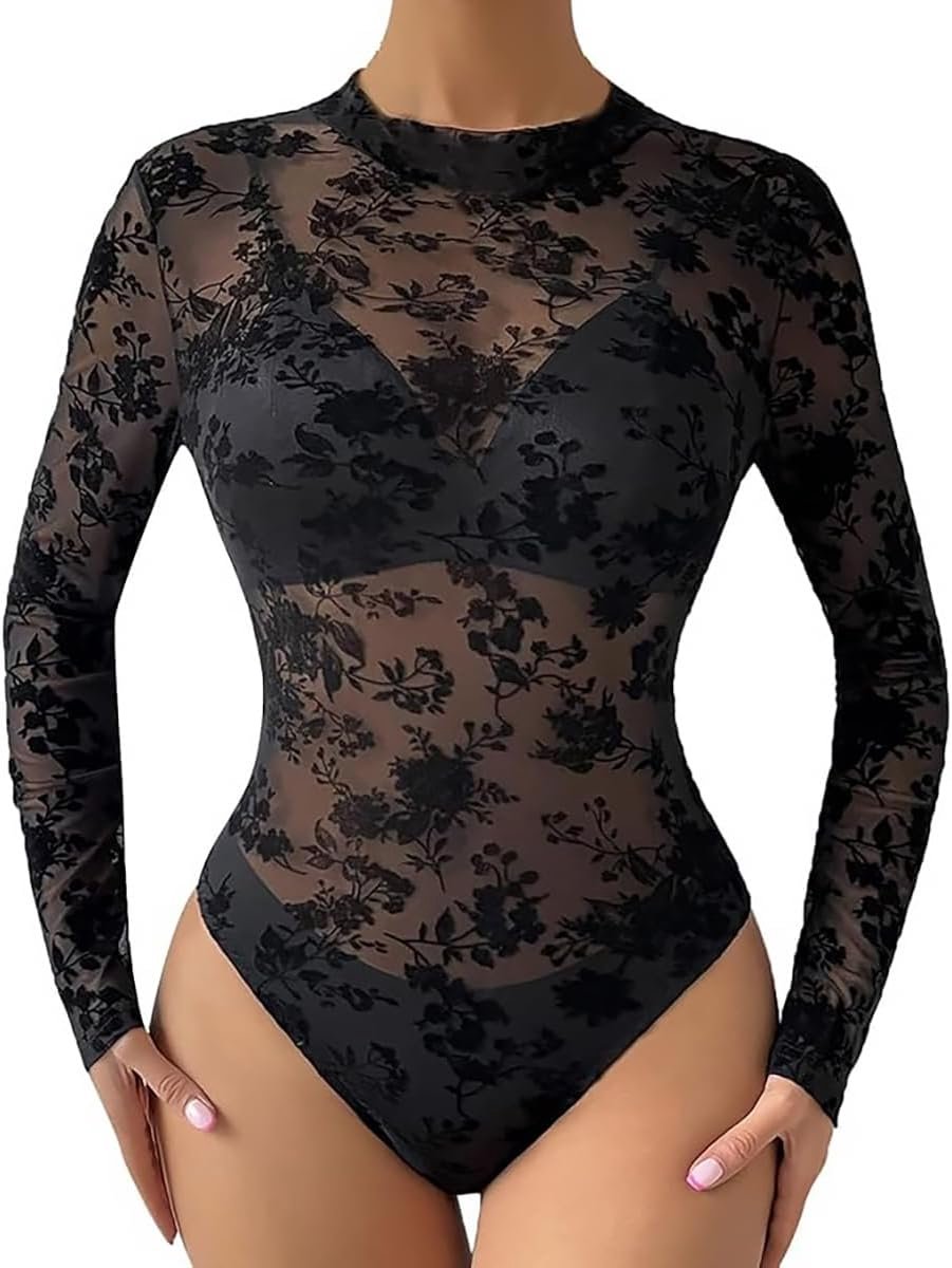Bodysuit dames sexy kant V-hals korte mouwen - zwart - bloemenprint - elegant voor elke gelegenheid - ShopVlot