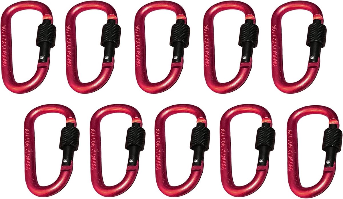 Karabijnhaken set van 10 - kleur rood - 100 kg draagkracht - ideaal voor outdoor gebruik - ShopVlot