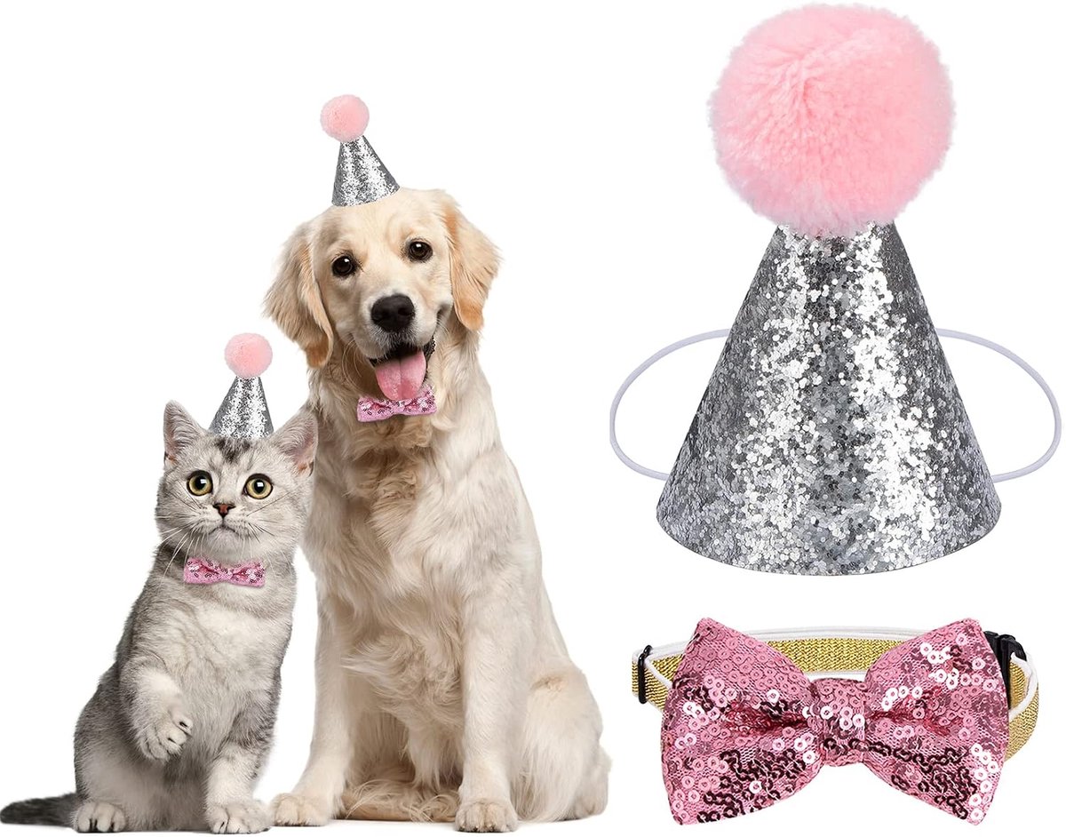 Verjaardagsfeestje Dieren Hoed met Strik - Aanpasbaar - Glitters - Maak je huisdier schattig - ShopVlot