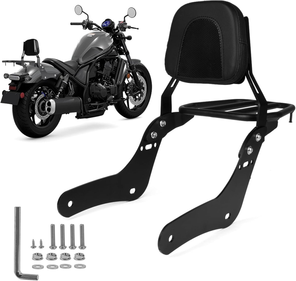 SnelShoppen - Sissybar en Rugleuning voor Rebel 1100, Afneembare Sissybar met Bagagedrager voor Motorfiets, Geschikt voor Rebel CMX1100 DCT, ABS, 2021