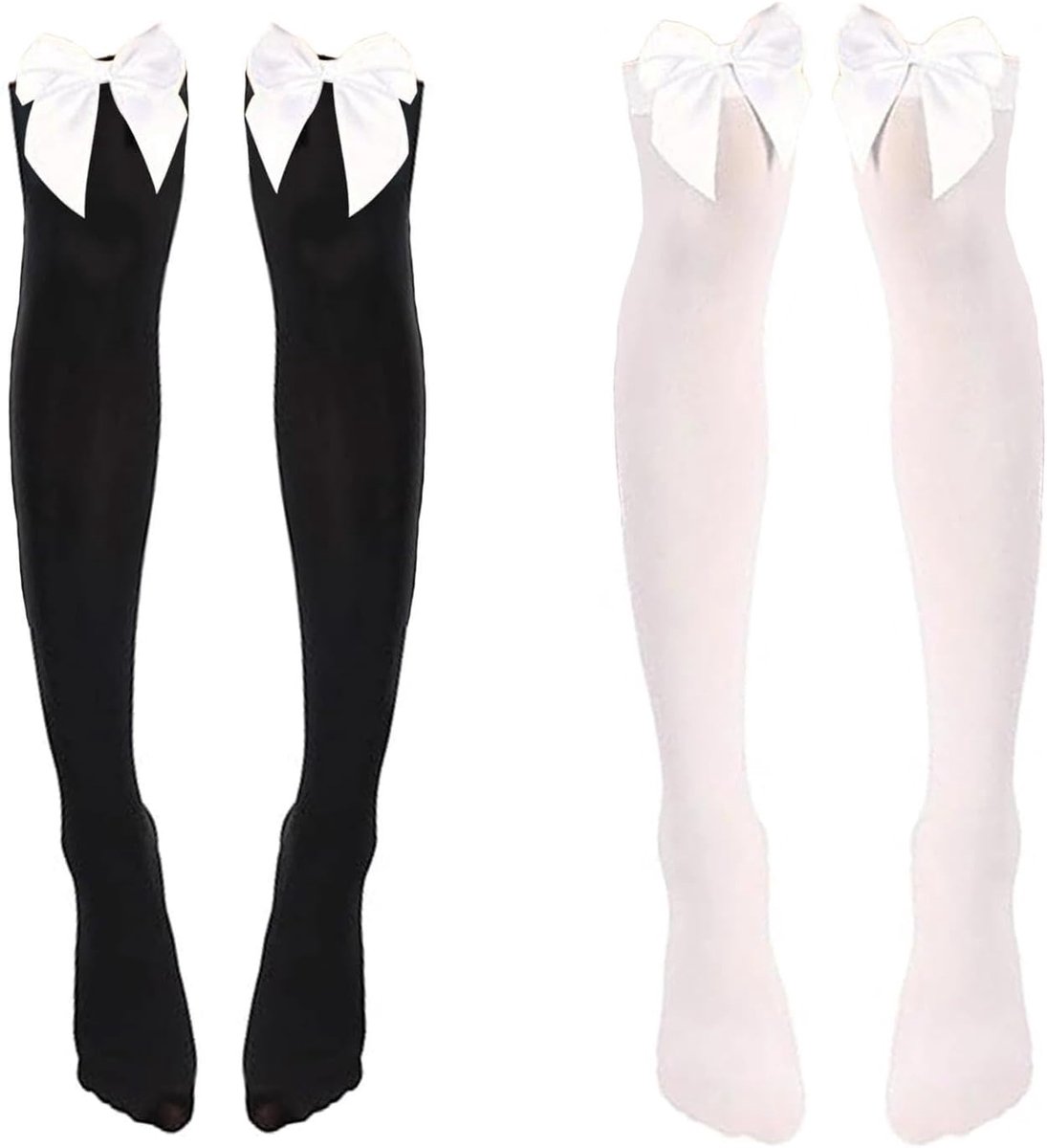 Thigh High Socks met Strik - Zwart en Wit - 2 Paar - Perfect voor Halloween en Valentijnsdag - ShopVlot