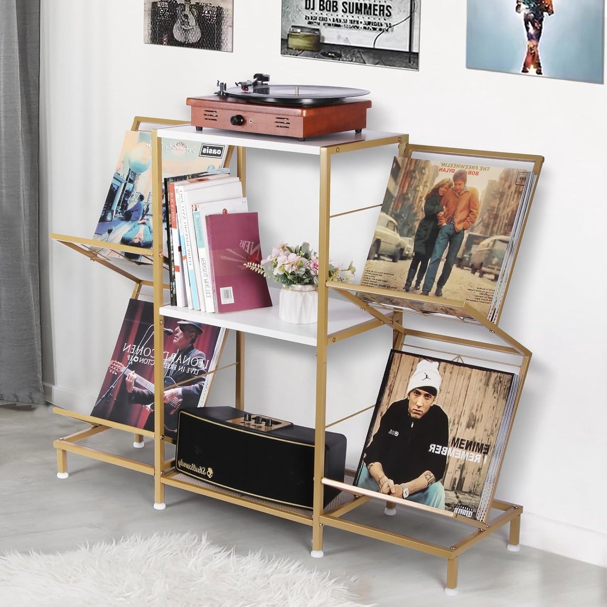 Draaitafelstandaard - Wit & Goud - 103 x 82,5 x 30 cm - Metalen Kader met 4-laags Vinylhouder - Voor Woonkamer