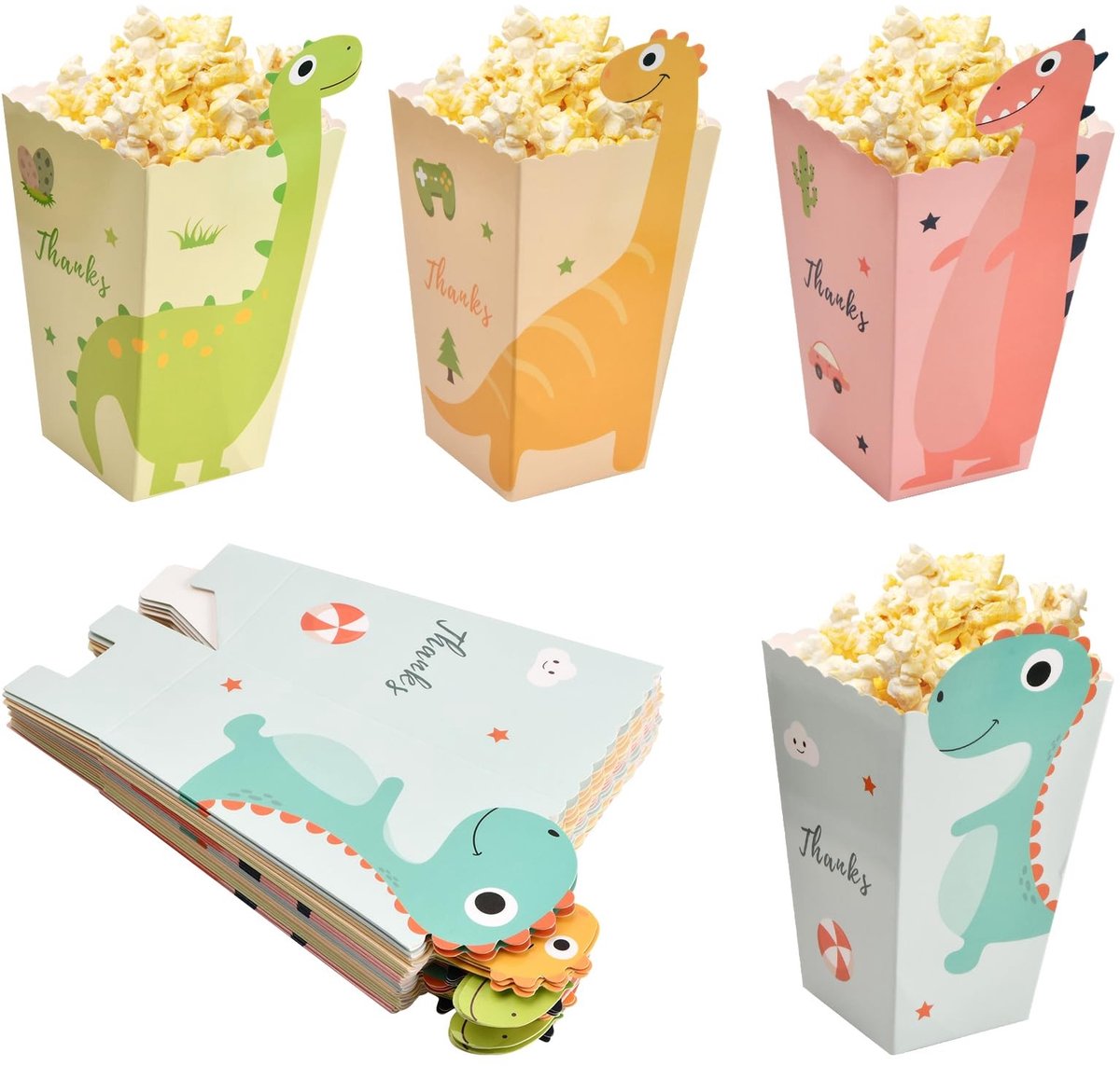 SnelShoppen - 24 Stuks Kleine Popcorn Dozen 11.5 x 7 x 5 cm Dinosaurussen - Kartonnen Popcorn Zakjes voor Cinema Avonden, Verjaardagsfeestjes, Familie
