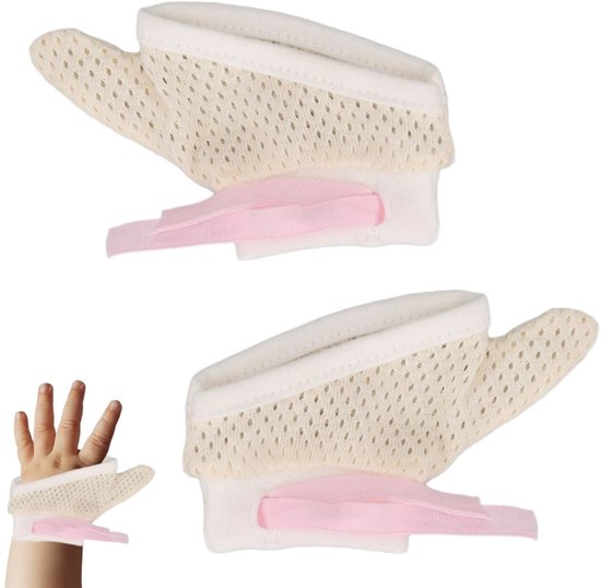 Deux gants de succion pour bébé, tissu en maille beige avec rubans roses, avec une petite main de bébé sur le côté.