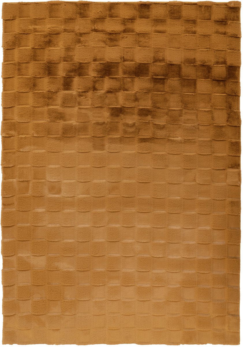 Padiro laagpolig vloerkleed 80 x 150 cm - geel - geometrisch ruit- en blokpatroon - geschikt voor vloerverwarming - van polyester