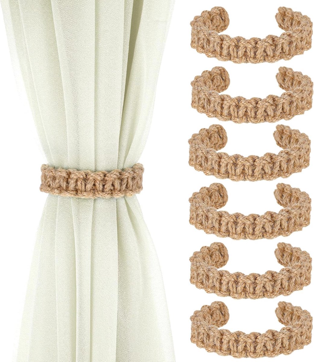 6 stuks gordijnhouders, boho, gevlochten, band voor gordijnen van natuurlijk touw, decoratieve embrasses voor - ShopVlot