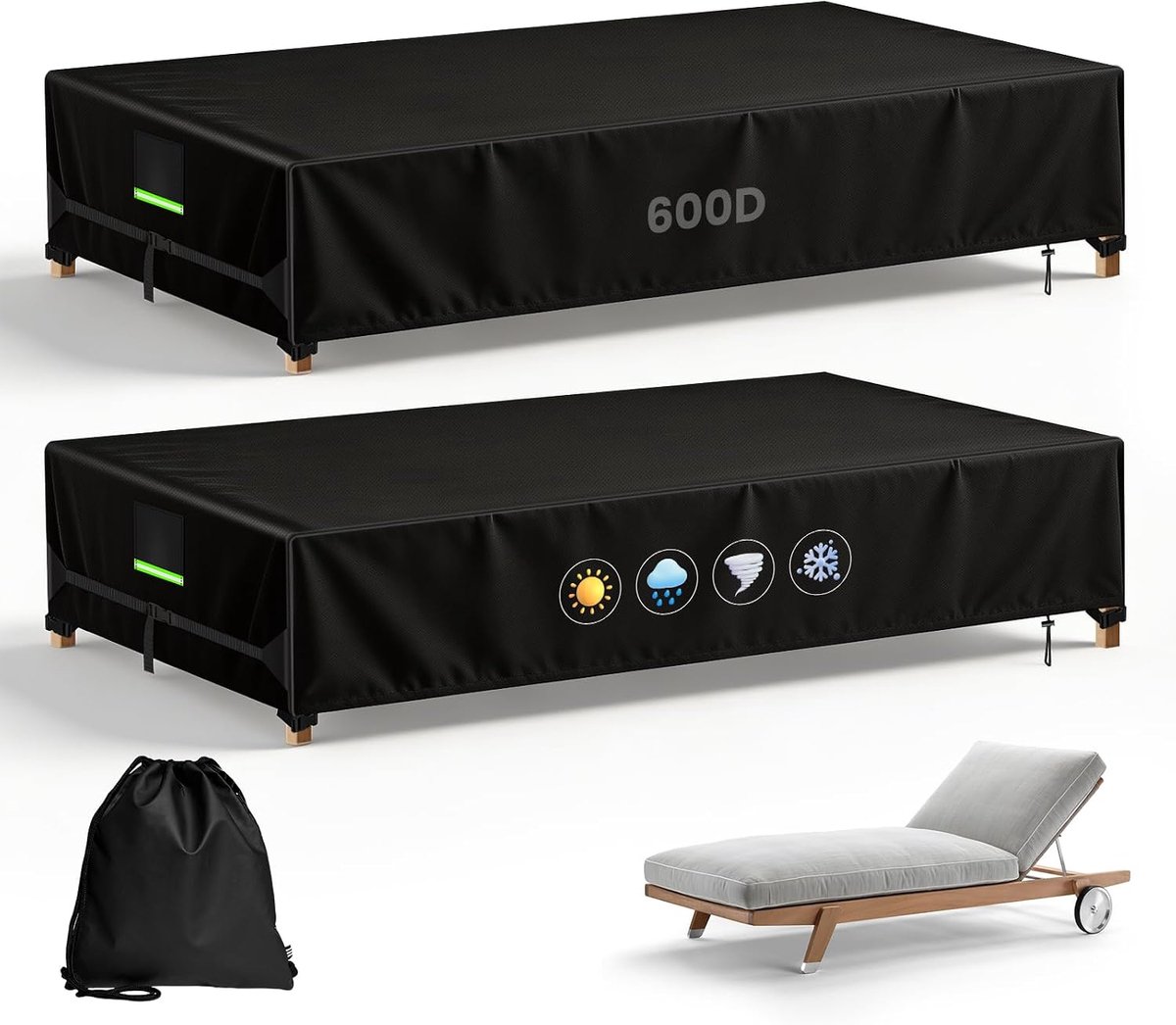 Afdekkingen voor ligstoelen, 2 stuks, 600D, 200 x 68 x 30 cm, waterdichte afdekking voor tuinligstoel, uv-bestendige - ShopVlot