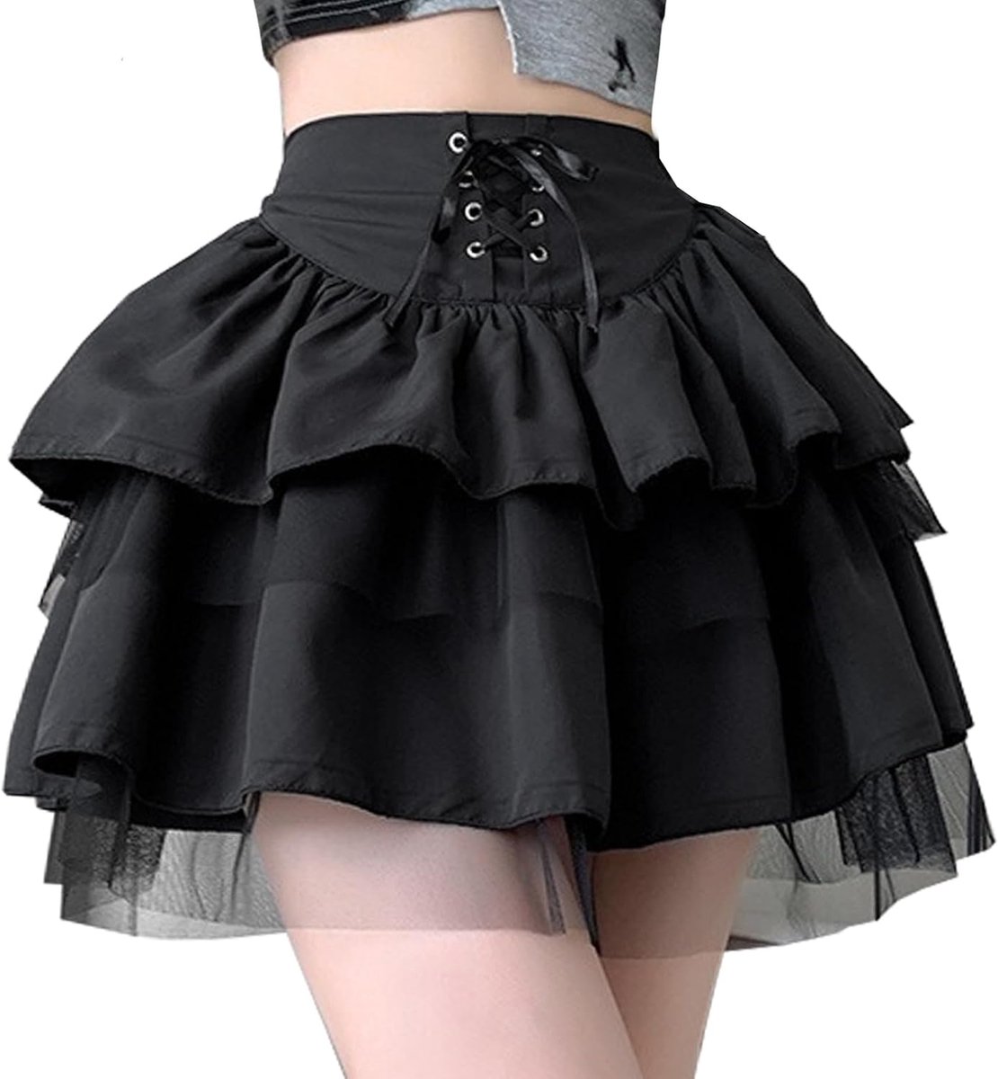 LUKIUP Gothic Clothing Women's Mini Skirt L/XL High Waist Mini Skirt with Drawstring and Knitted Brim Adjustable - ShopVlot