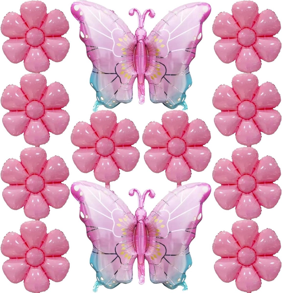 Set van 12 roze vlinderballonnen, vlinder- en bloemenballonset, roze kleurverloop, vlinderballonnen van folie, voor - ShopVlot