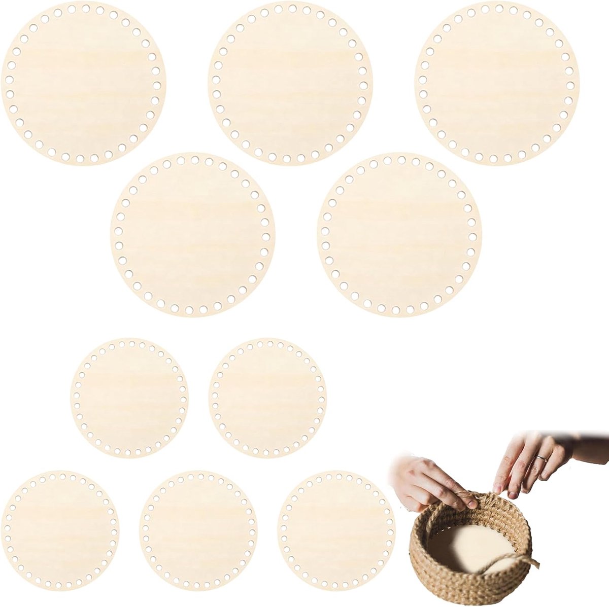 Mandbasis set 10 stuks - ronde houten mandbasis 15/20 cm - natuurlijk hout - voor creatieve haakprojecten - ShopVlot