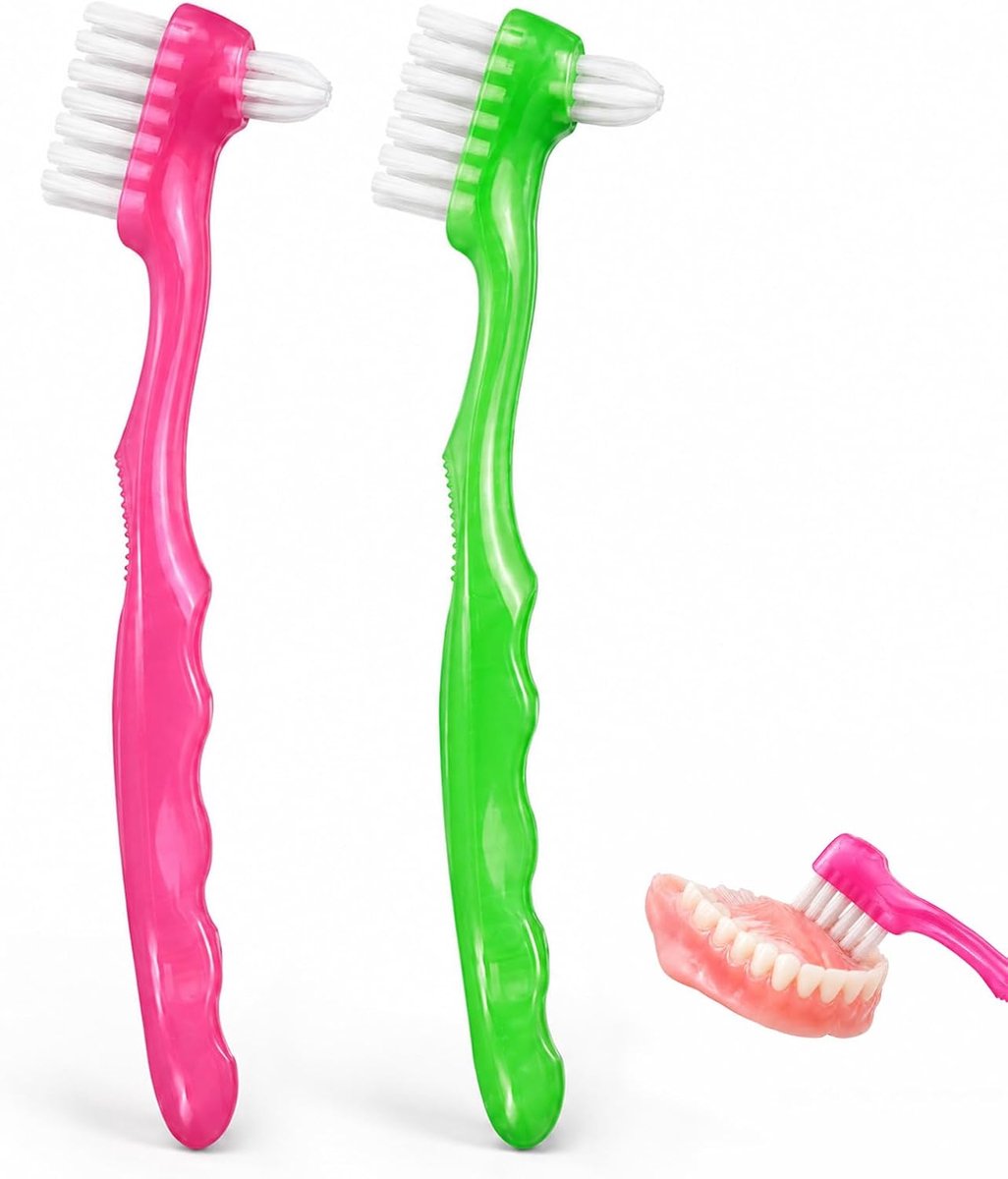 Dubbelzijdige tandenborstel voor prothesen - hard en draagbaar - 2 stuks (roze + groen) - ShopVlot