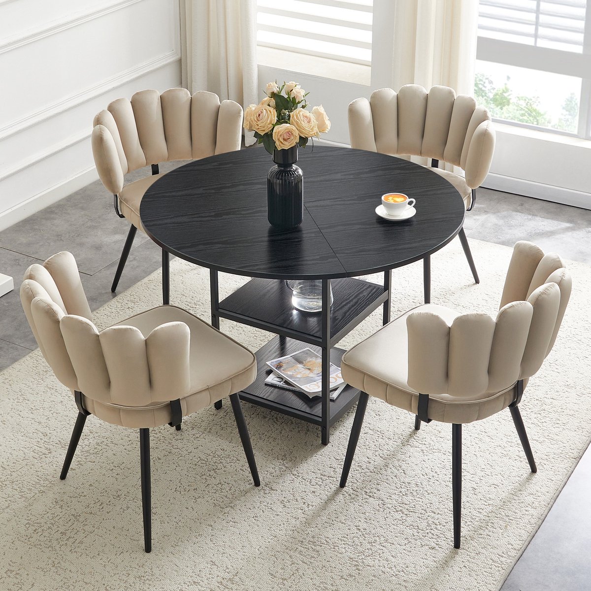 COVREO Set tafel en stoelen 107 cm zwart, MDF en metaal met 4 stoelen