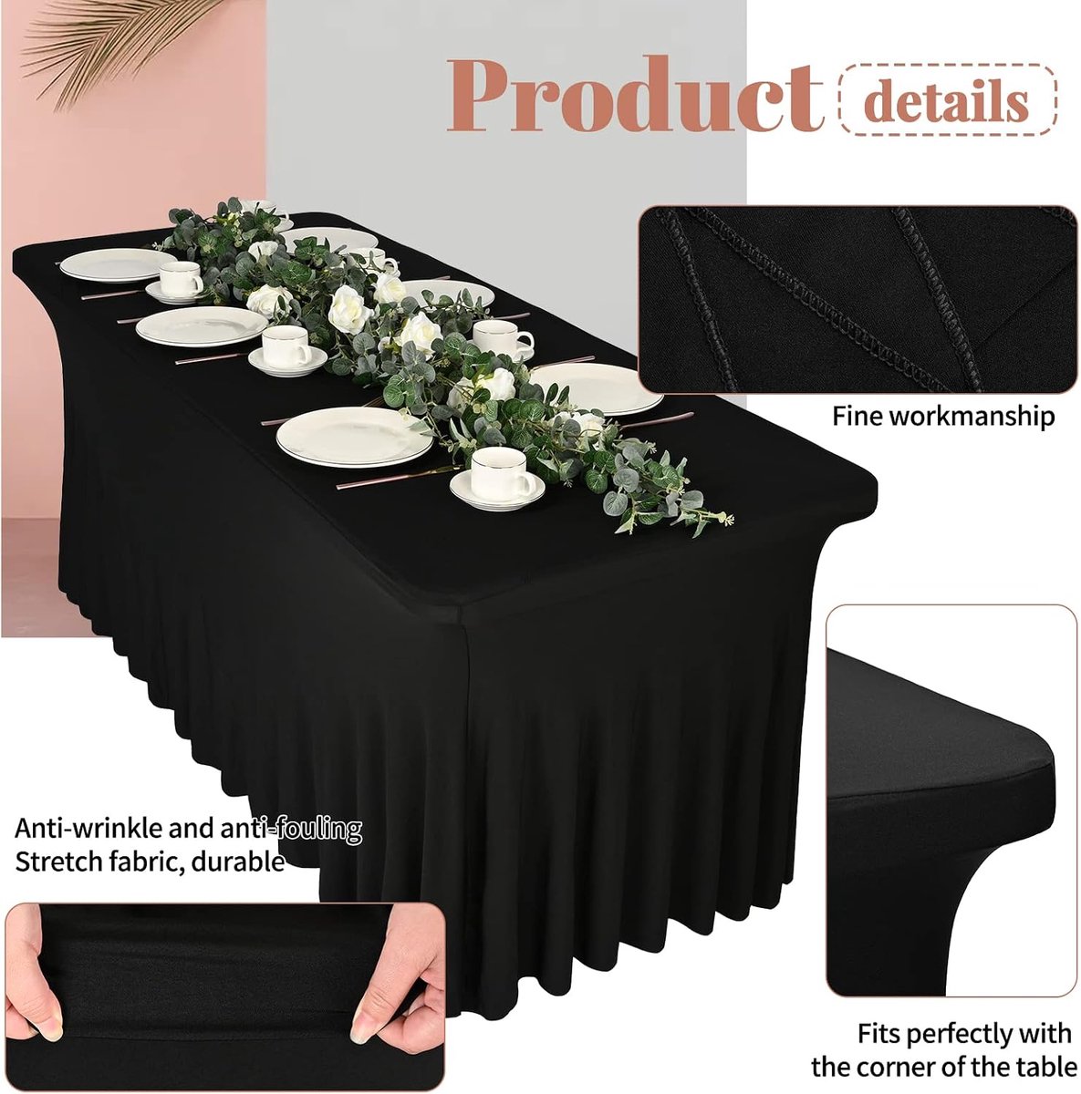 3 Pieces Spandex Table Skirts 182x76cm Stretch Tablecloth for Rectangular Tables, Wrinkle Free Tablecloth with Skirt - ShopVlot