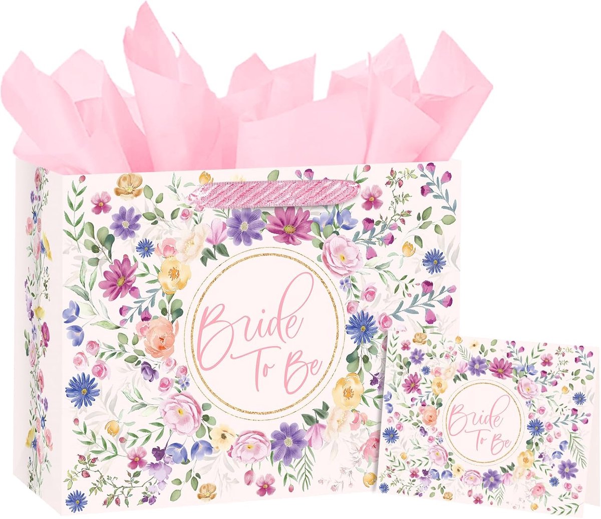 Cadeauzak voor vrijgezellenfeest 33 x 12,7 x 25,4 cm - elegant roze bloemendesign - met zijdepapier en wenskaart - ShopVlot