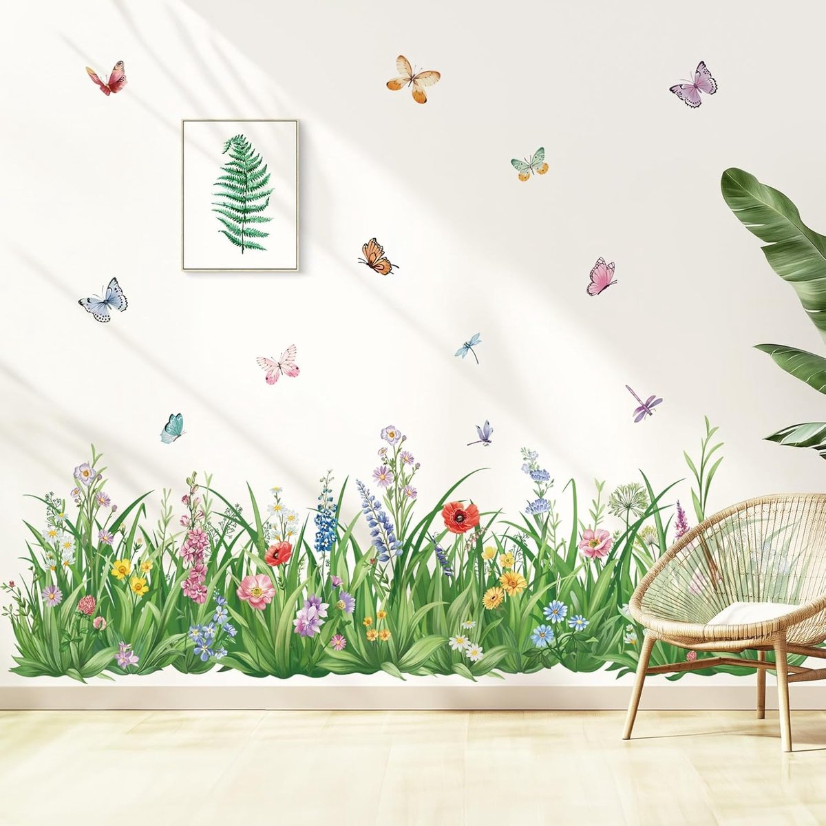 Wandstickers Groene Gras Hoek - PVC Planten en Vlinders - Makkelijk aan te brengen - Voor slaapkamer en woonkamer - ShopVlot