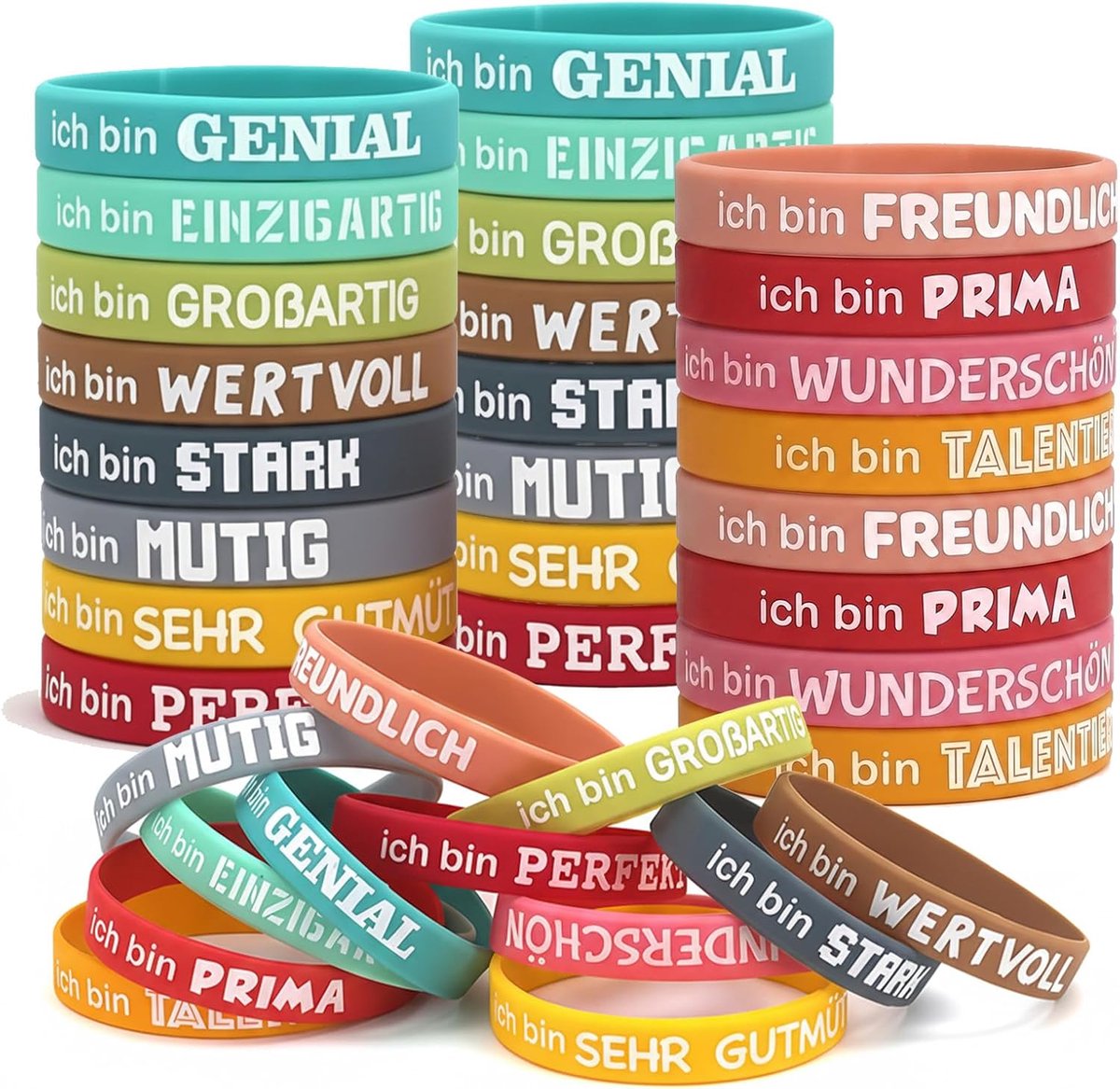 Motiveringsarmbanden voor kinderen 36 stuks - siliconen 18 cm - 12 kleuren met Duitse spreuken - ShopVlot