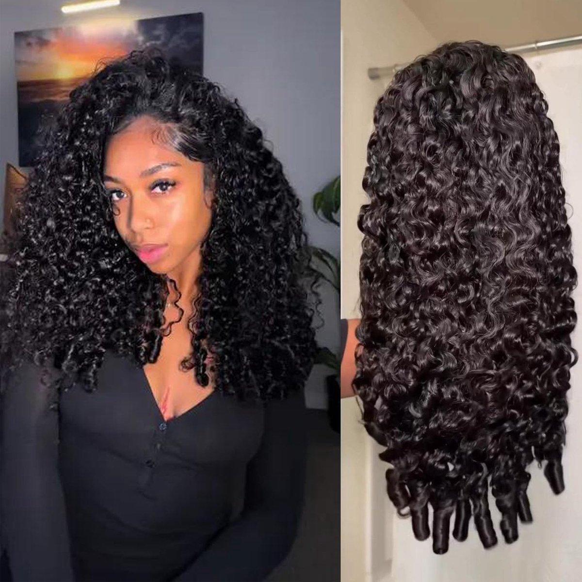 WIGNEE Burmese Human Hair Wig with Spiral Curls Without Glue or Seams 200% Density with Drawstring, Natural Colour - ShopVlot