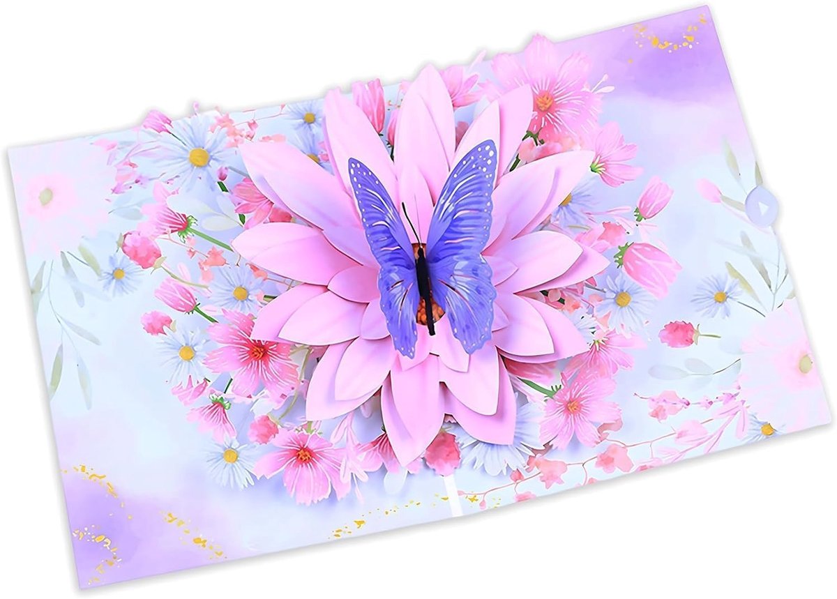 Moederdagkaart, 3D pop-up wenskaarten, pop-up kaart, vlinders op bloemen met envelop, 3D vlinderkaart voor vrouw - ShopVlot
