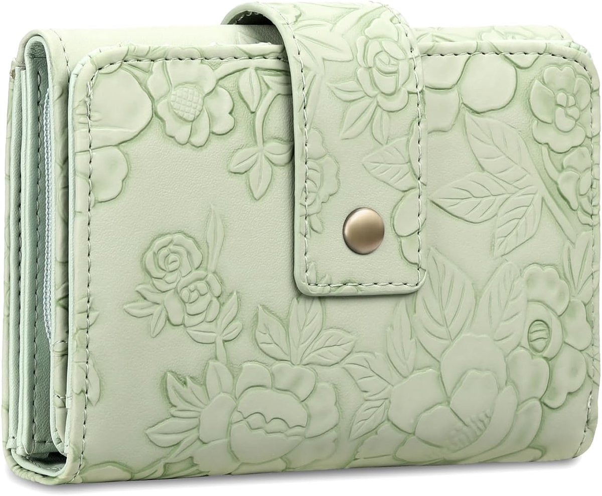 SnelShoppen - Kleine Damesportemonnee RFID Blokkering Leer Bifold Flap Handtas met Rits Muntzak en Kaartsleuven, Lichtgroen