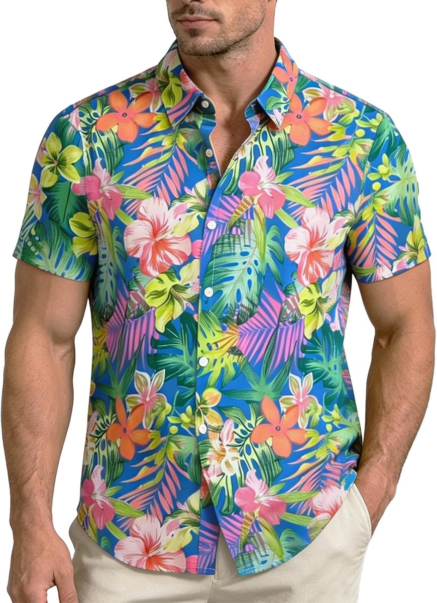 Hawaïhemd voor heren, korte mouwen, zomer, vrijetijdshemd met bloemen, strandhemd voor vakantie, feest - ShopVlot