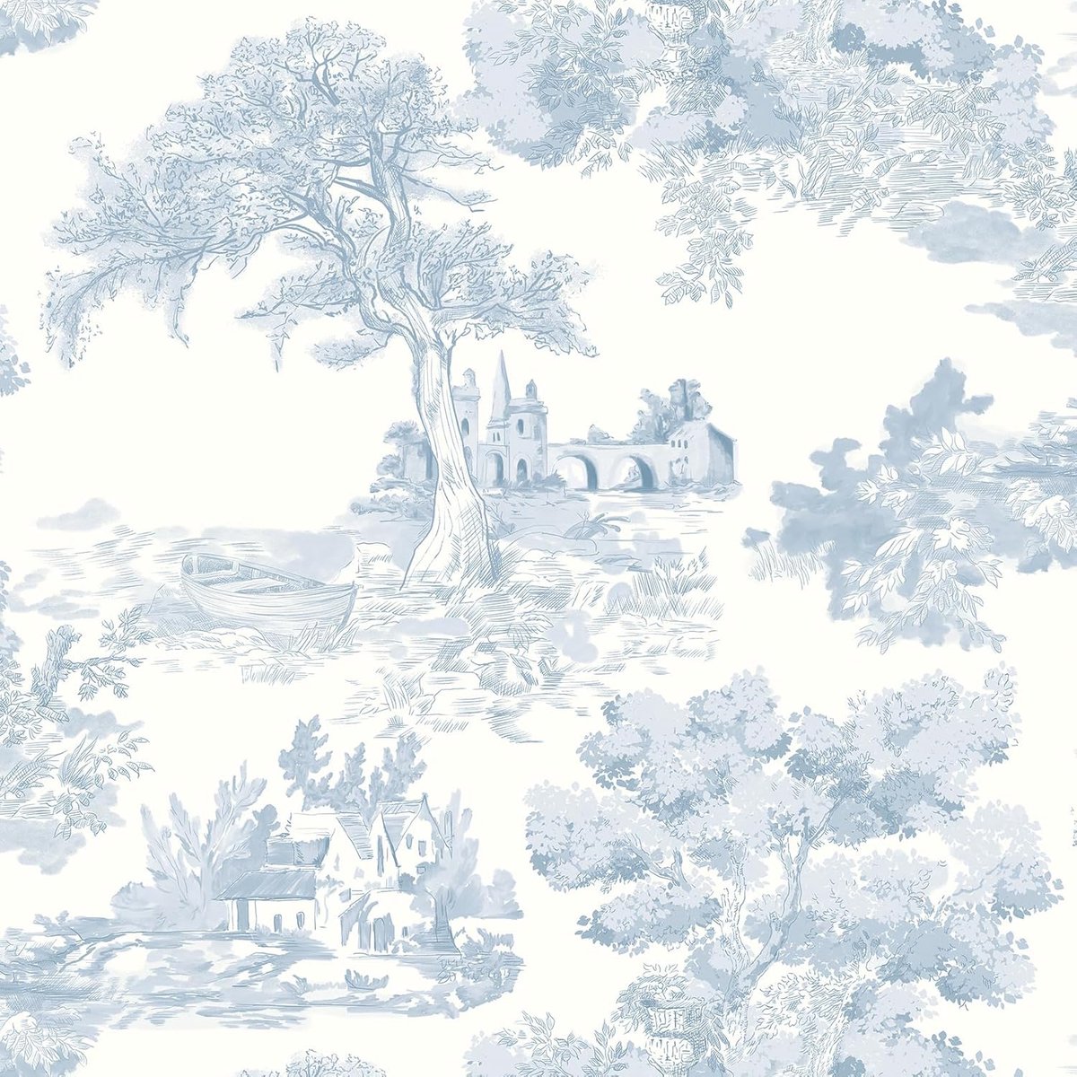 Self-Adhesive Wallpaper Blue Furniture Film 44 x 1000 cm Boho Wallpaper Tree Boat and Houses Self-Adhesive Wallpaper - ShopVlot