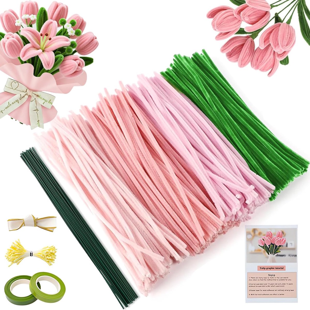 Pijpenreiniger set - 400 roze tulpenbuizen - inclusief lijmstift en bloemenlint - ideaal voor knutselactiviteiten - ShopVlot