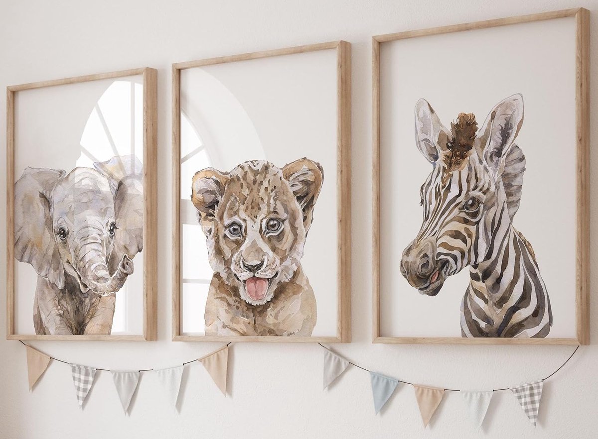 Wanddecoratie Posters Baby Safari - Set van 3 A3 Ongeframeerde Posters - Olifant, Zebra, Leeuw - ShopVlot