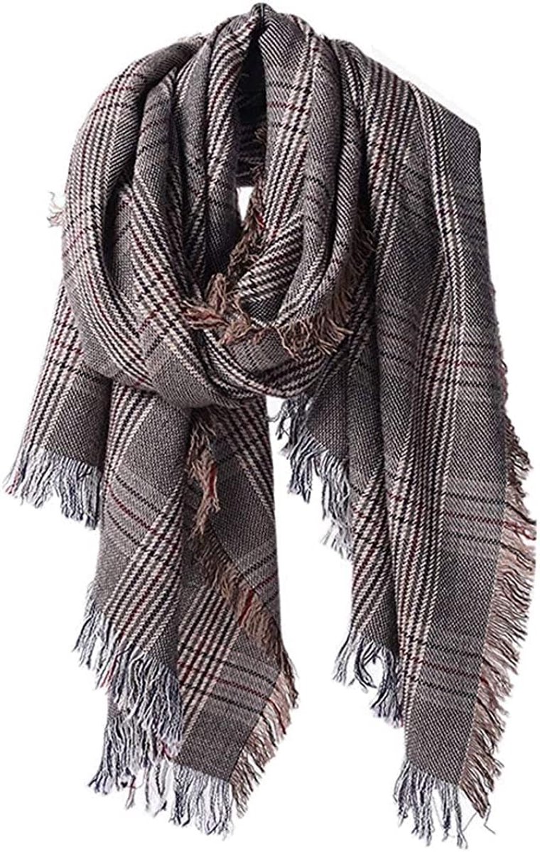 MAKFORT Women's Autumn Winter Scarf Imitation Cashmere Checkered Blanket Scarf 140x140cm, grey 1 - ShopVlot