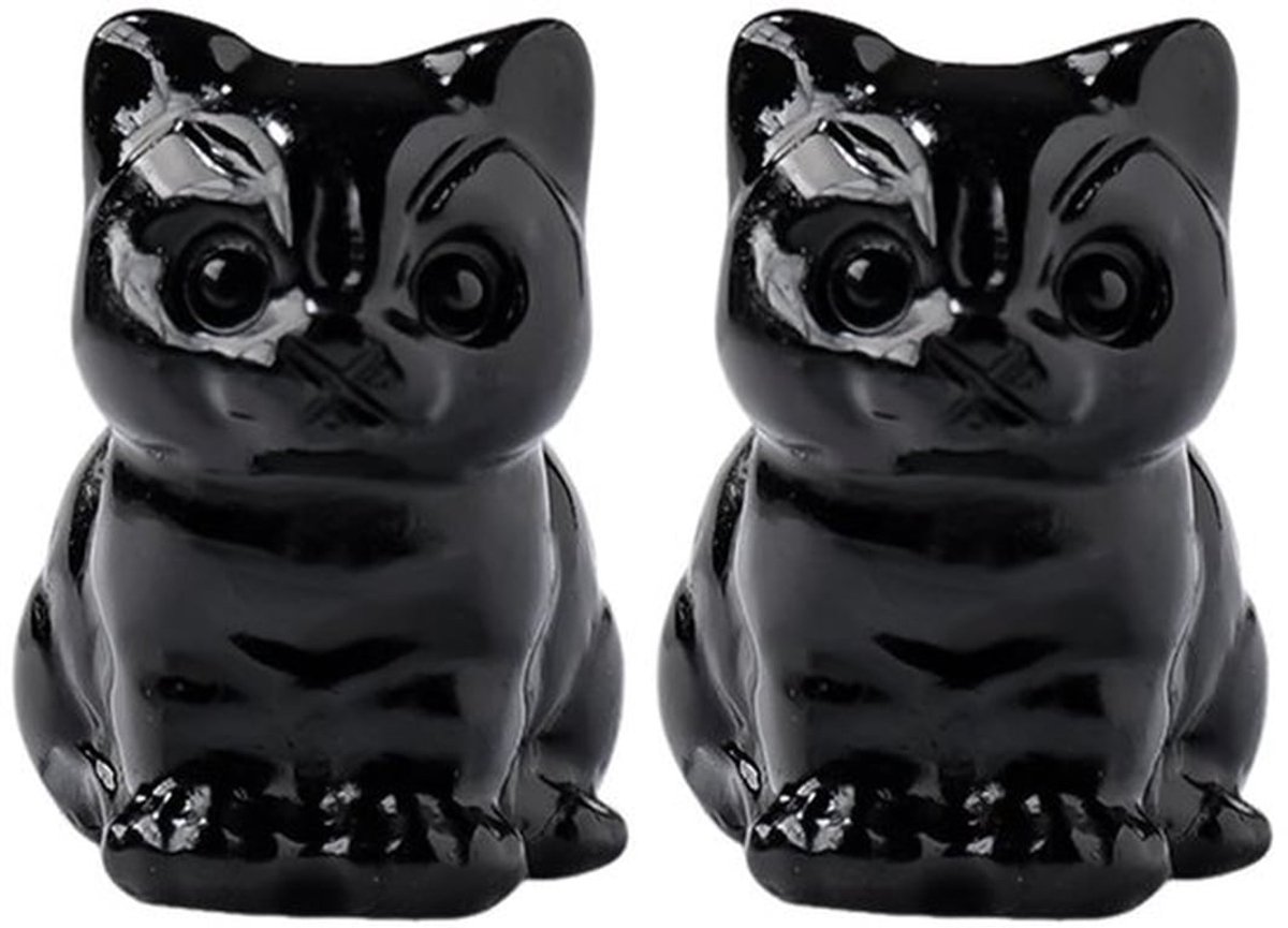 Kattenbeeld Schattige Sculpturen - Kristallen Ornamenten - Tafeldecoratie - 2 Stuks - Duurzaam Obsidiaan - Afmetingen 3 x 2 cm - Dierenornament