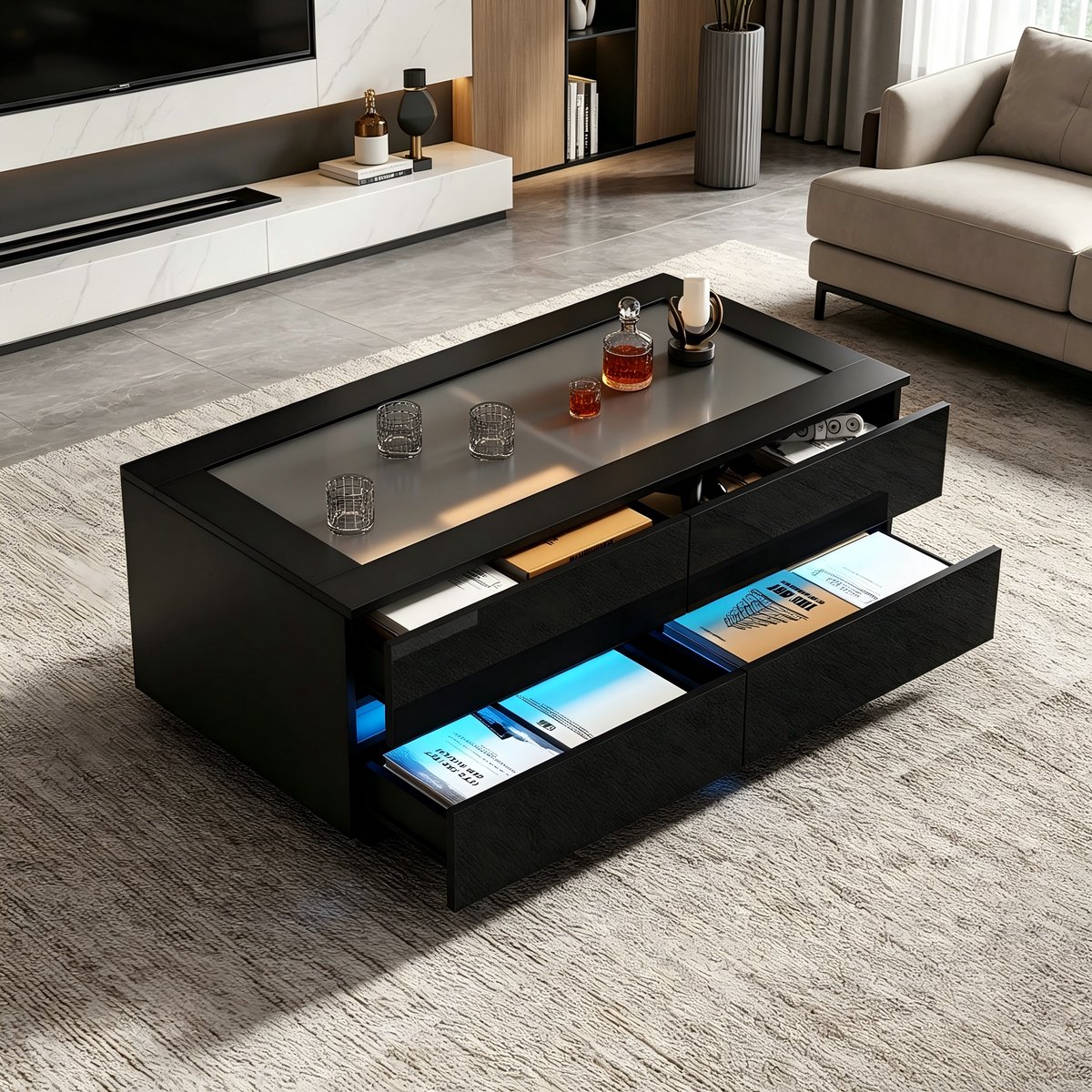 Salontafel 100x50x40 cm - Koffietafel Met 4 Laden LED Verlichting En Gehard Glazen Blad Zwart