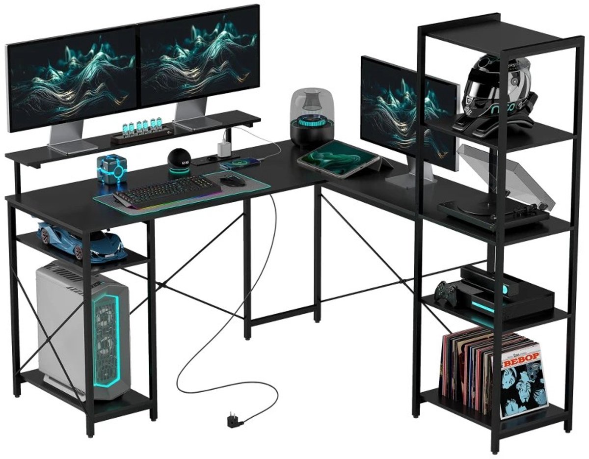 Bureau 137x140x139,5 cm - L-vormig Hoekbureau Met 6 Legplanken, USB En Stopcontact Zwart