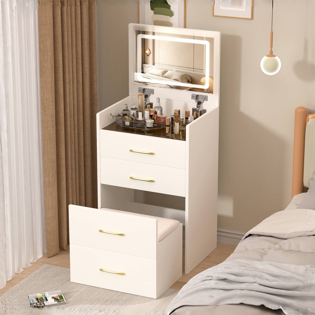 3-in-1 Schminktafel Set 60x118 cm - Kaptafel Met Spiegel En Opbergruimte - MDF Wit