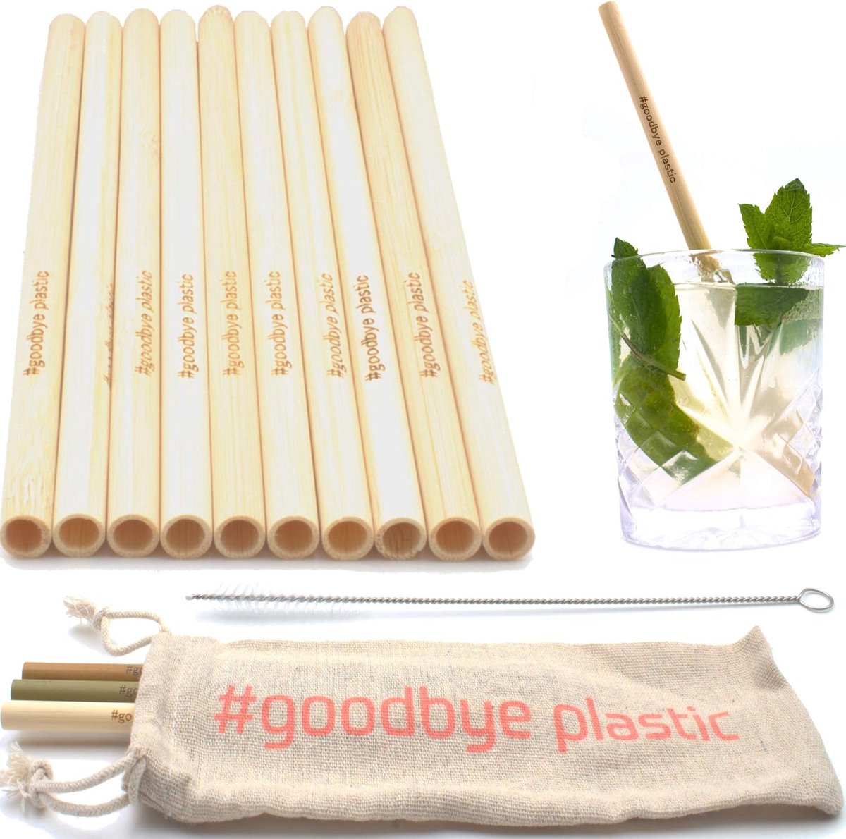Bamboe Rietjes Set van 10 - Beige - Inclusief Reinigingsborstel - Duurzaam en Kindvriendelijk - ShopVlot