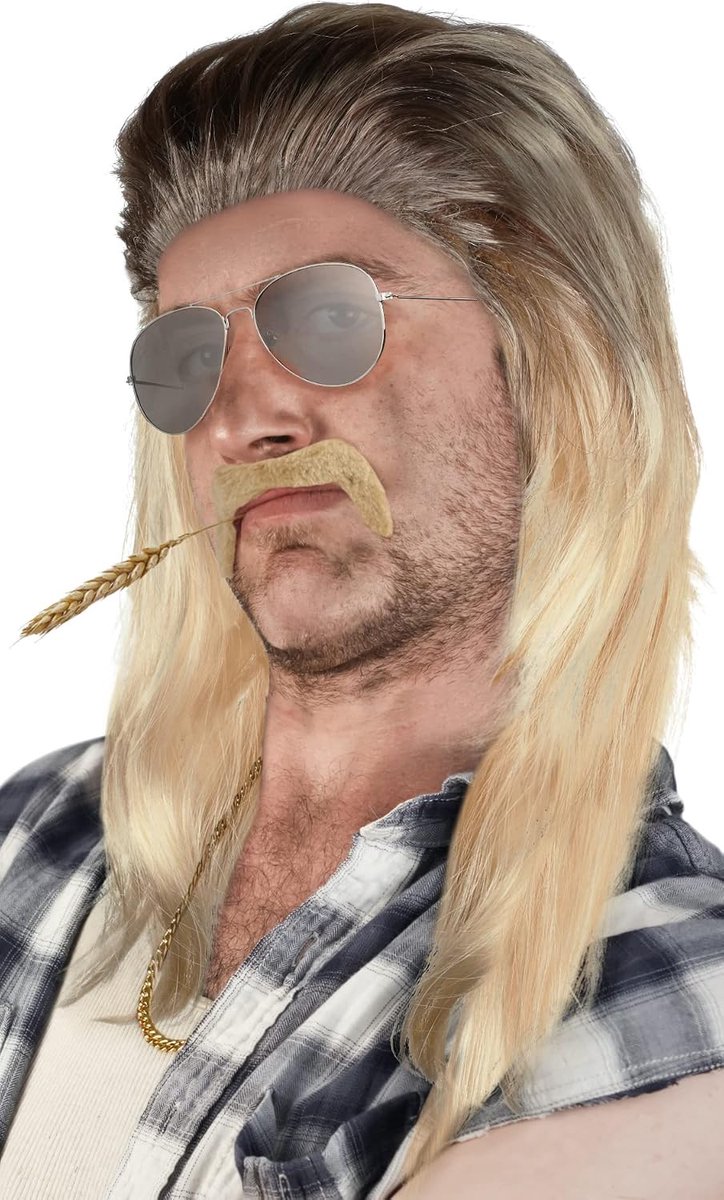 Mullet Perücke Set met Baard - Gouden Ketting - Zilveren Aviator Zonnebril - Perfect voor Feesten - ShopVlot