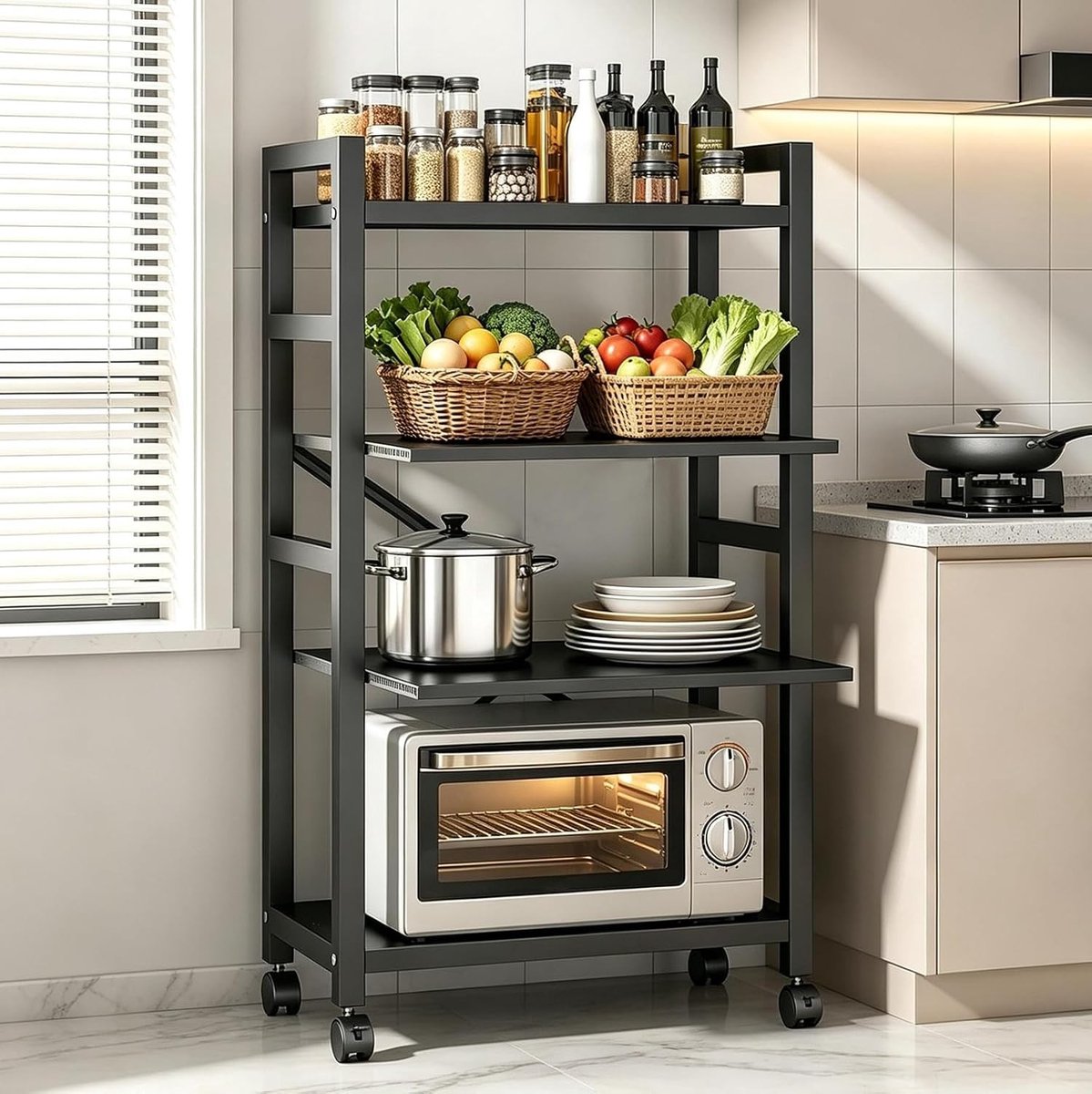 Uitbreidbaar magnetronrek met 4 schuifplanken en remwielen | Keukenplank met antislipvoeten voor keuken, woonkamer en badkamer