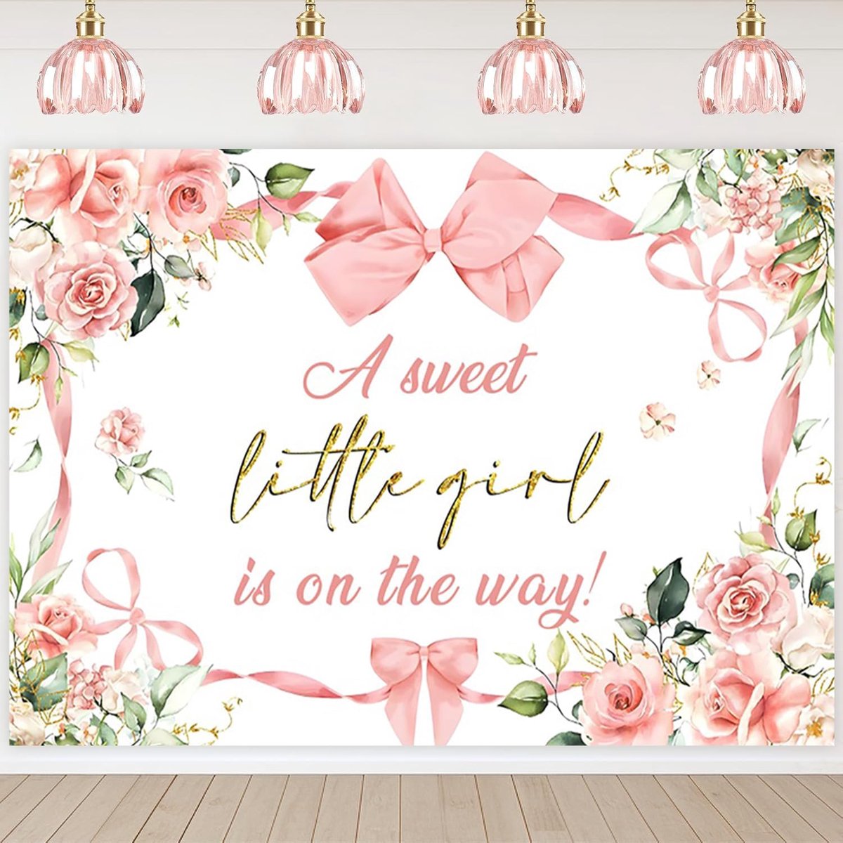 Fotobehang babyshower 7x5FT - roze strik en elegante bloemen - professionele achtergrond voor newborn fotoshoot - ShopVlot