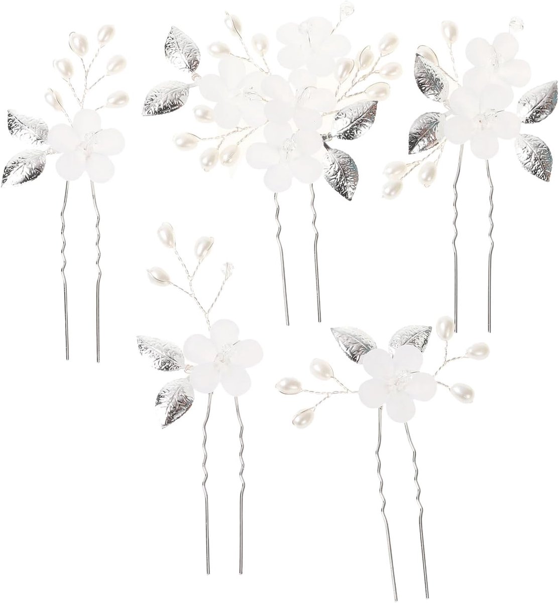 Bruidspelden set van 5 - Zilver - Bloemen en parels - Elegant bruidskapsel - ShopVlot