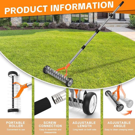 Lawn rake met wielen 32 cm - oranje - handonkruidhark - verwijdert mos en dode gras - ShopVlot — afbeelding 3