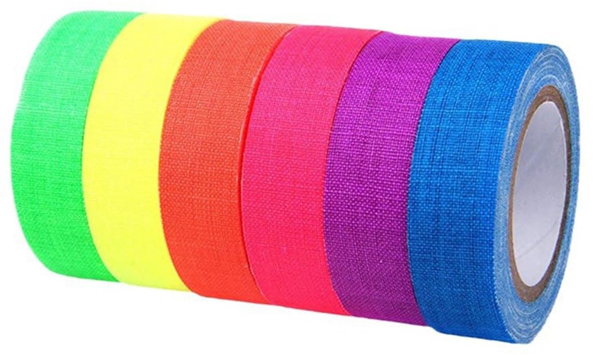Gaffertape set van 6 rollen - fluorescerende textieltape - neonkleurige rolletjes - perfect voor feestdecoraties - ShopVlot