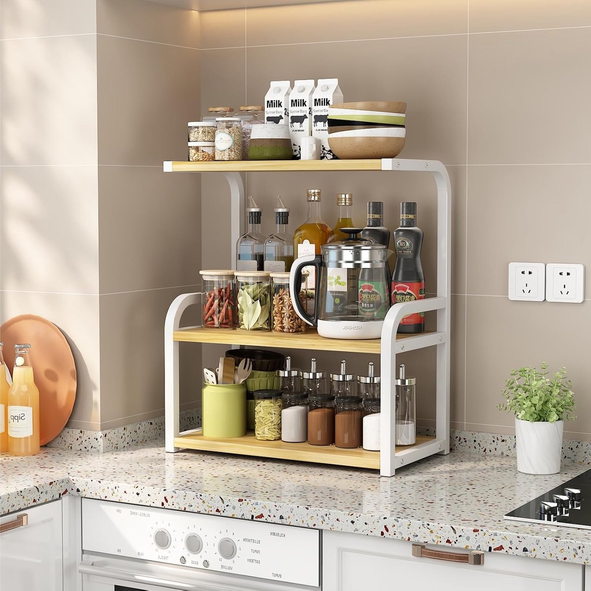 Bureau Rack Organizer 43cm - Wit + Walnoot - 3 Niveaus - Ideaal voor Kantoor en Woonkamer - ShopVlot