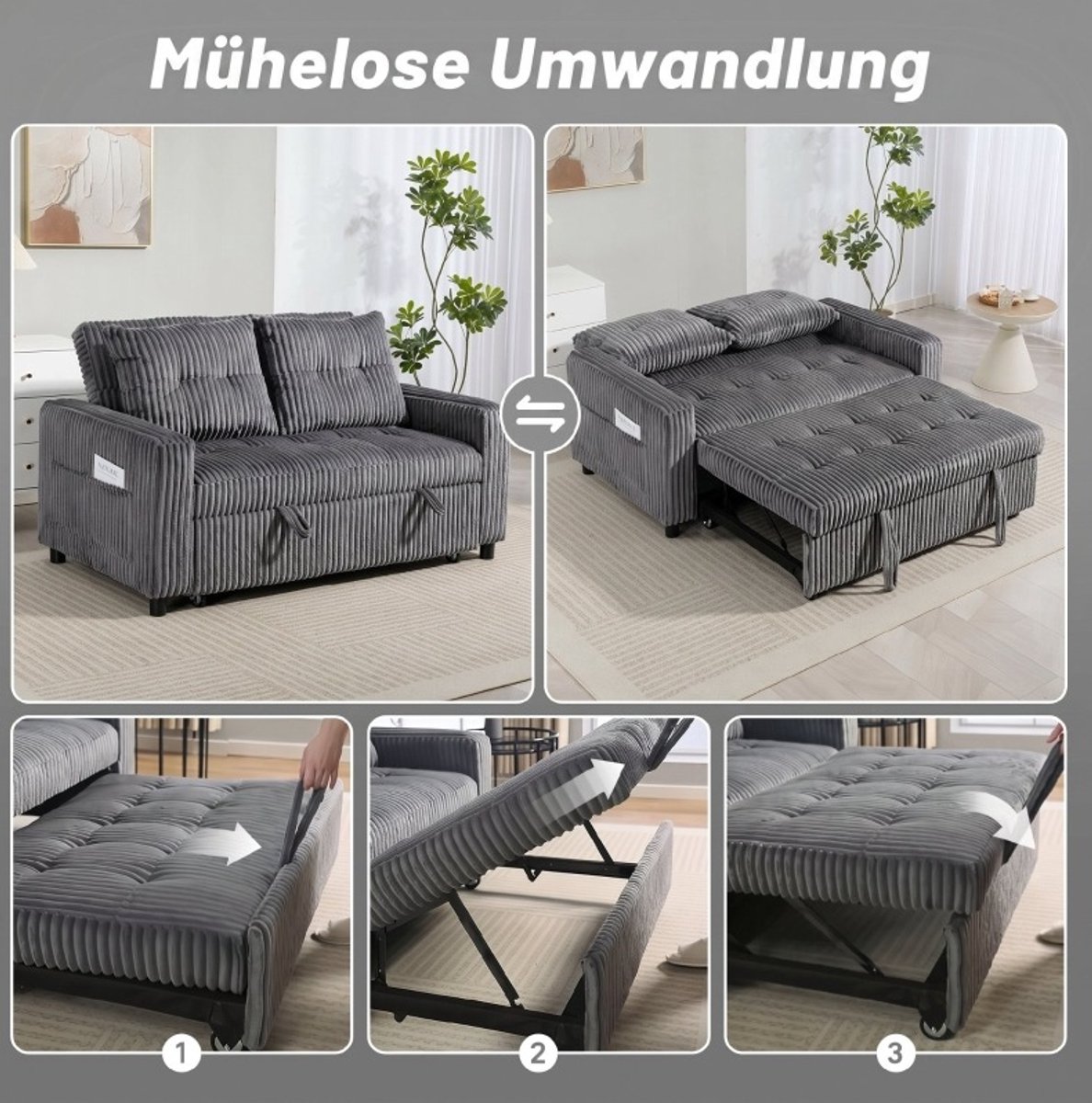 OKWISH Slaapbank 157 x 90 x 91 cm - 2-Zits Bedbank Met 3-In-1 Functie, 2 Kussens En Zijvakken - Voor Woonkamer Of Logeerkamer - Polyester - Donkergrijs