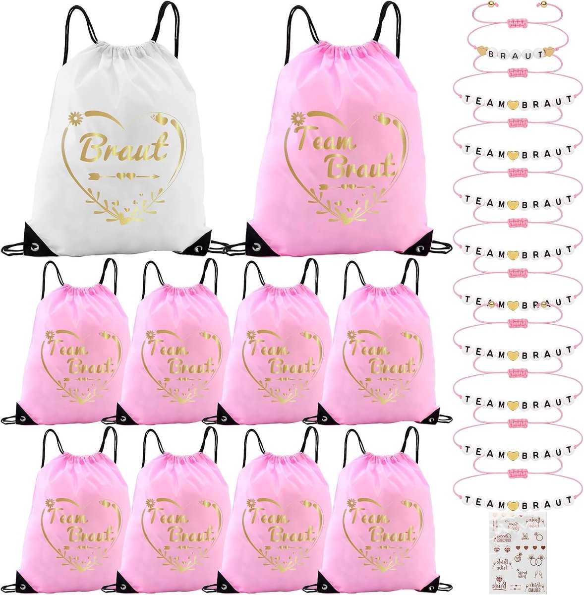 10 Team Bride Gym Drawstring Bag (42 x 33 cm) and 10 Bracelets for Women, 1 Sticker, Hen Party, Women, Bride Bag - ShopVlot