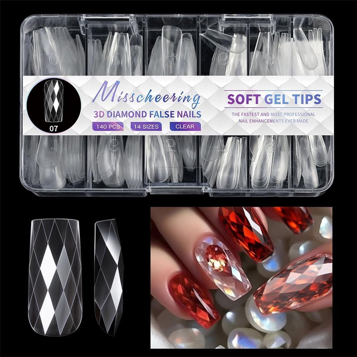 140 Pieces Artificial Nails Set for Sticking on Press on Nails ABS Clear Diamond Nail Tips Set Nail Extension for - ShopVlot