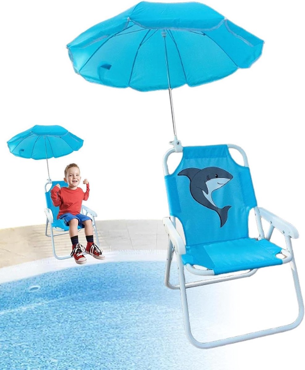 Opvouwbare Kinderstoel - Zitje met Parasol - Buiten Zitten - Inclusief Parasol - 38x52 cm - Haai