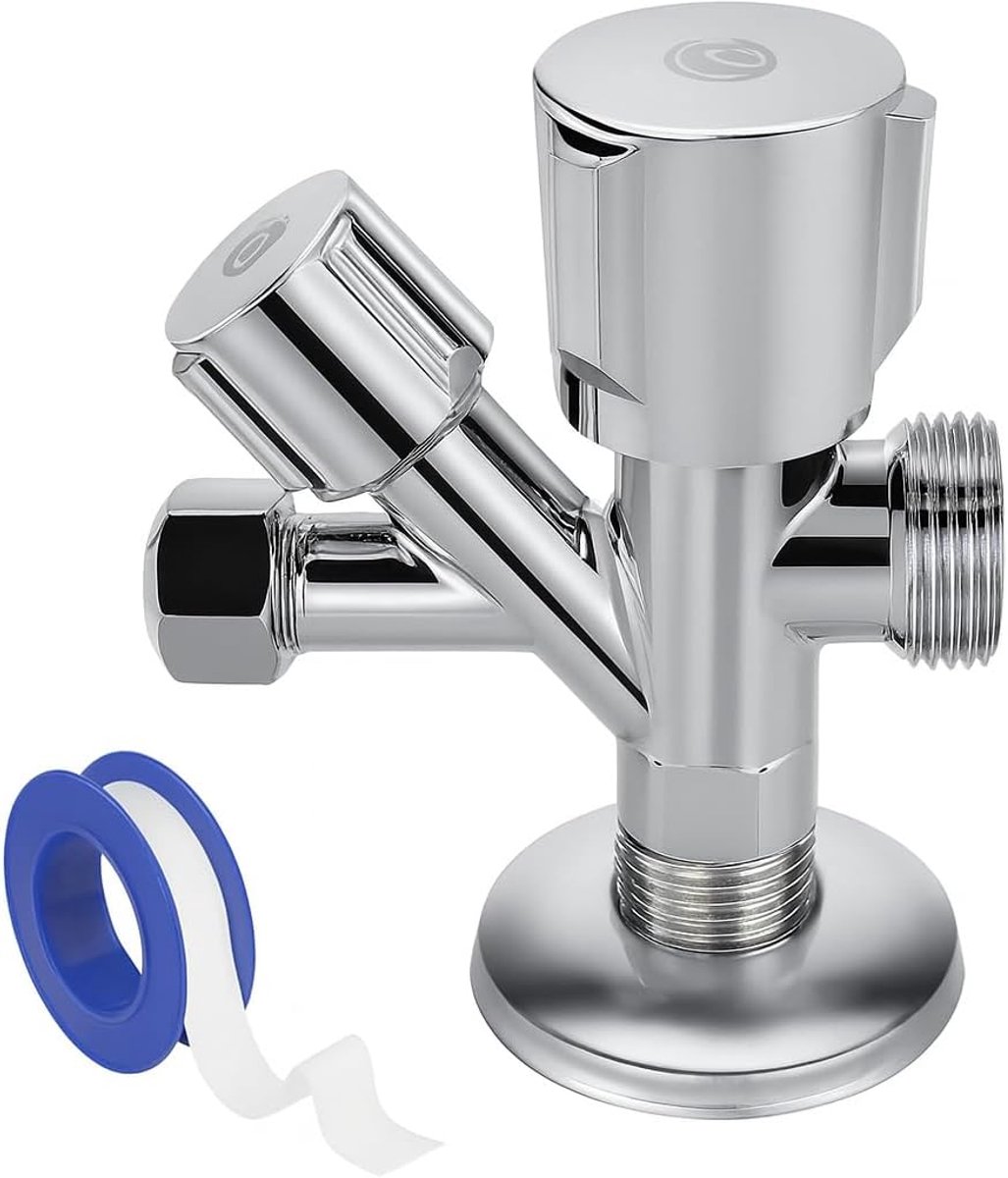 Combination Angle Valve 1/2" – 3/8" – 3/4" Chrome Plated Brass – Including Teflon – Suitable for Washer, Dishwasher - ShopVlot