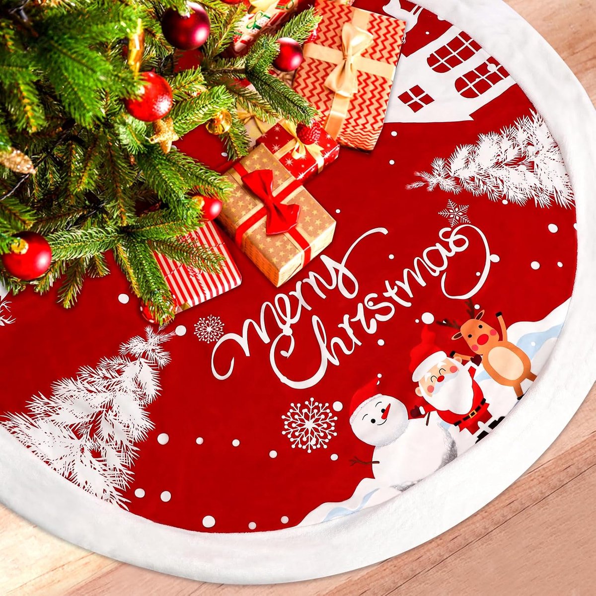 Kalolary 48 Inch Christmas Tree Skirt, Large Red Plush Christmas Tree Mat with Santa Snowman Elk Snowflakes Rustic - ShopVlot