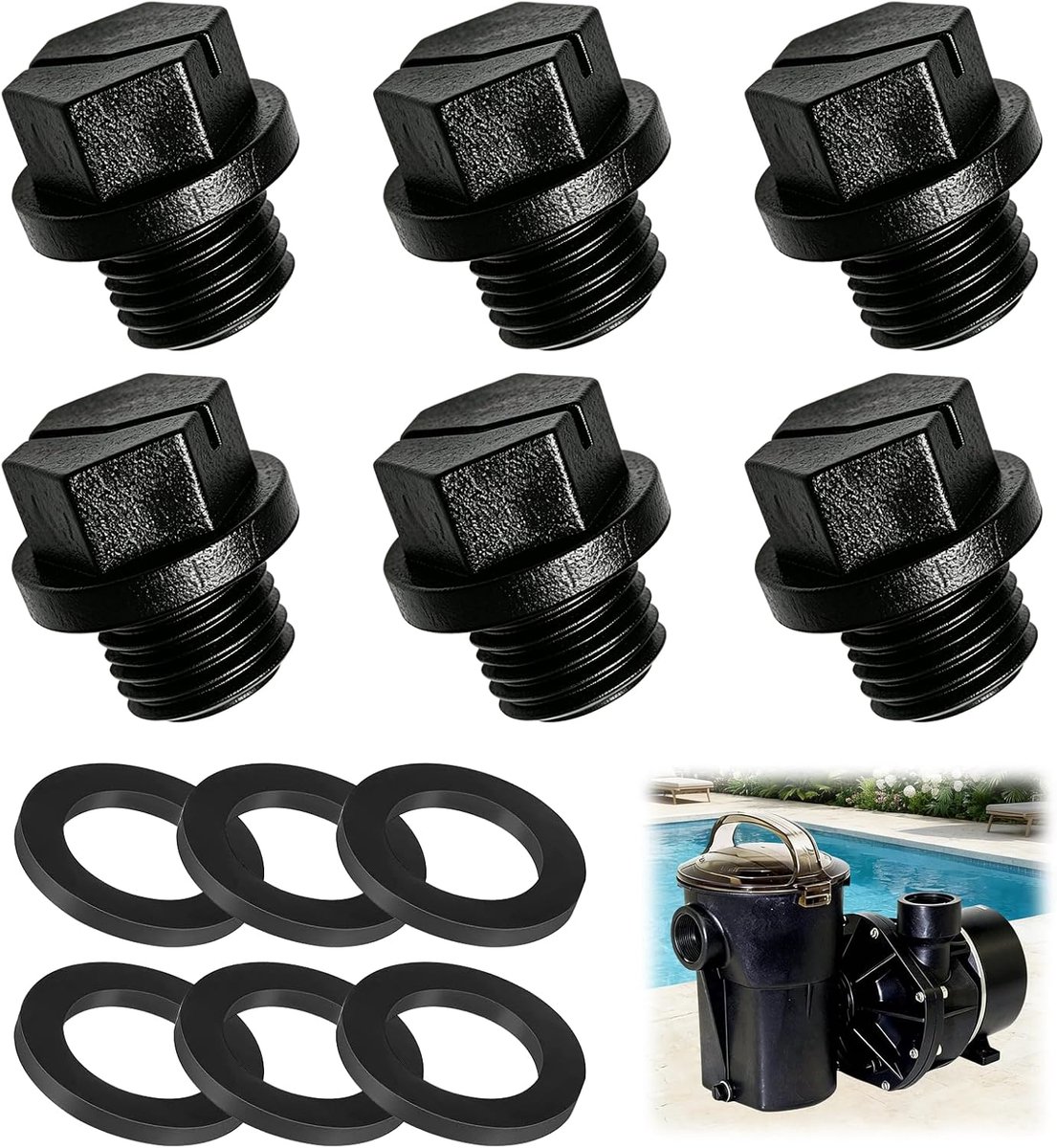 Pack of 6 Pool Drain Screws, Pool Pump Parts, Drain Plug with Seals - ShopVlot