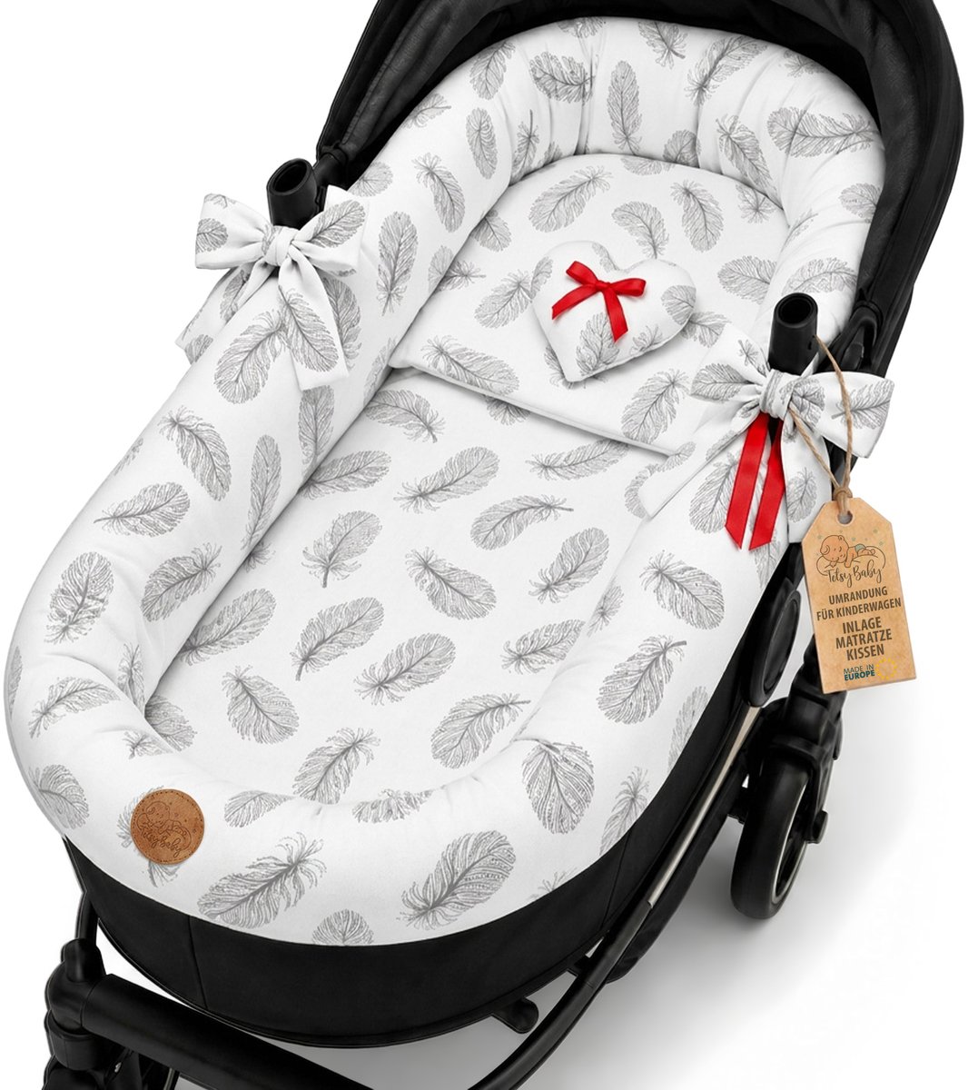 Universele Reiswieg Bekleding van Mousseline Katoen – Ademende Hoes die de Kinderwagen Bekleedt en Beschermt – Set 3-delig met Kussen en Matras voor Pasgeboren Veren