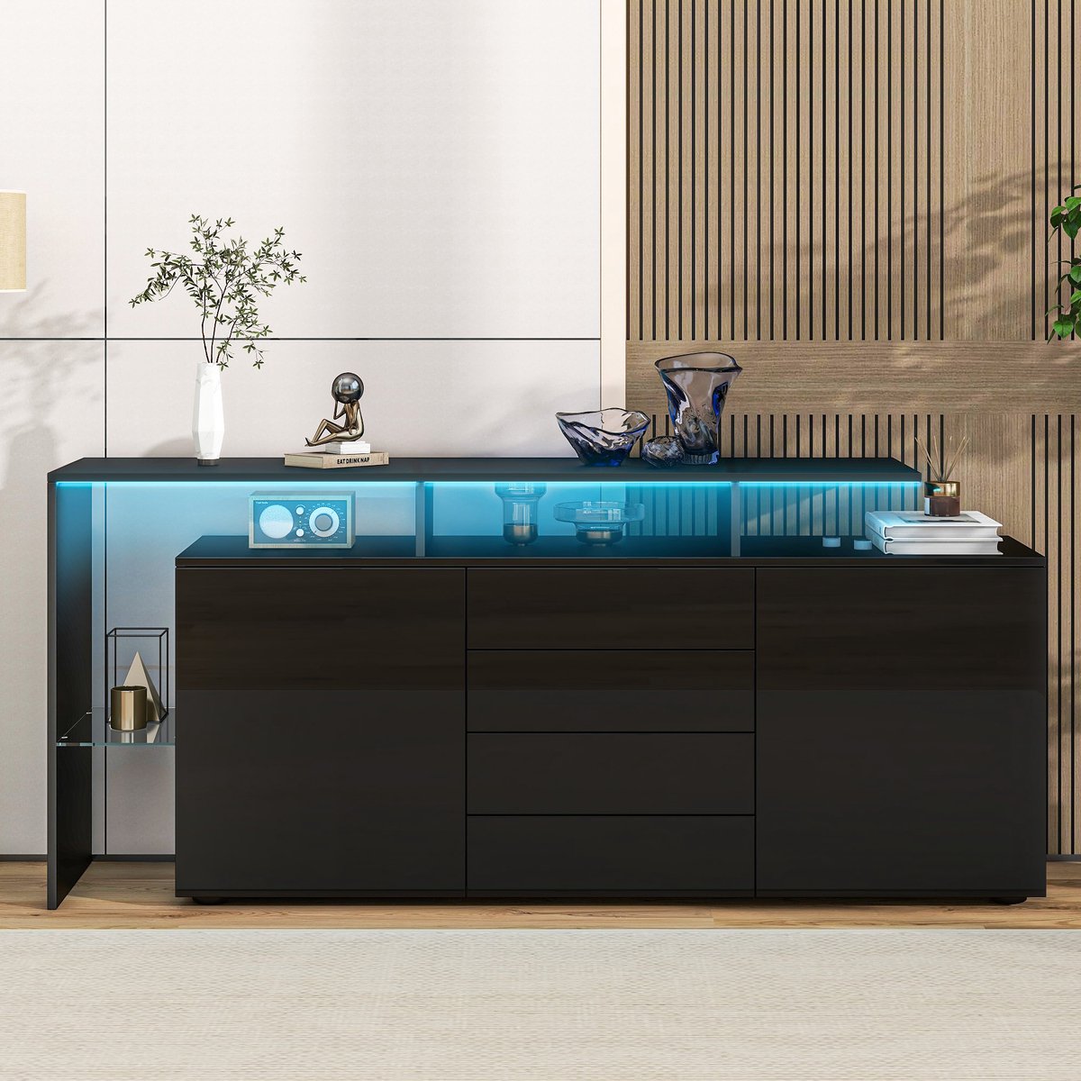 MODFU-Dressoir-LED Verlichting-Zwart Hoogglans-160 Cm-Spaanplaat-En Glas